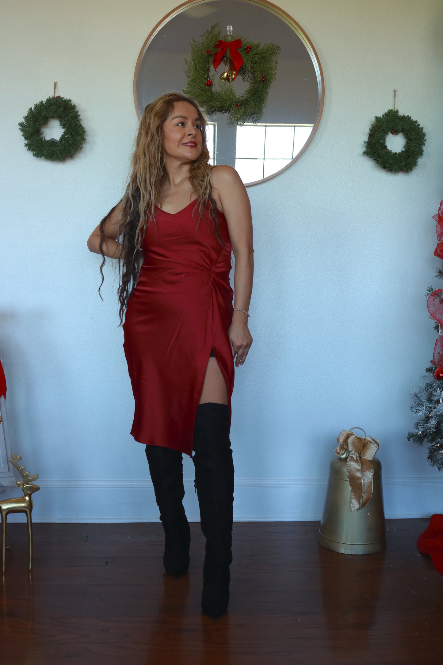 Satin Knot Dress - Wine Red