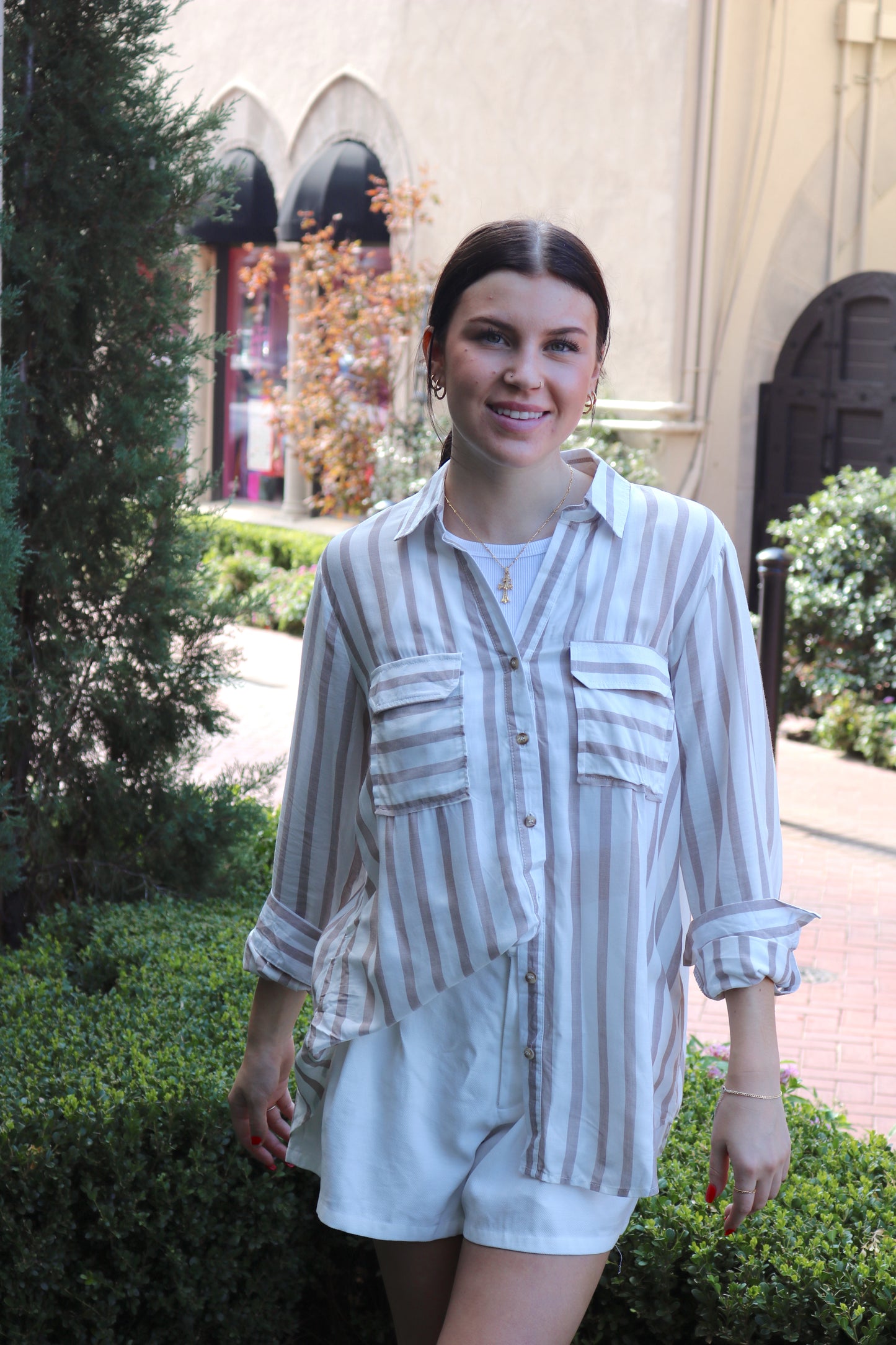 Back To Business Top - Mocha/Cream Striped