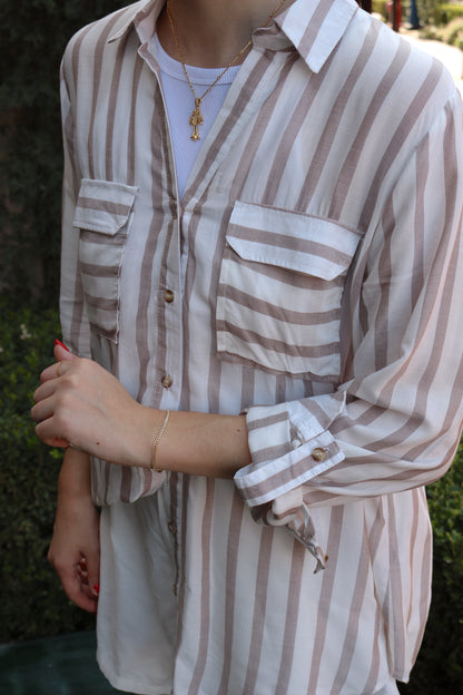 Back To Business Top - Mocha/Cream Striped