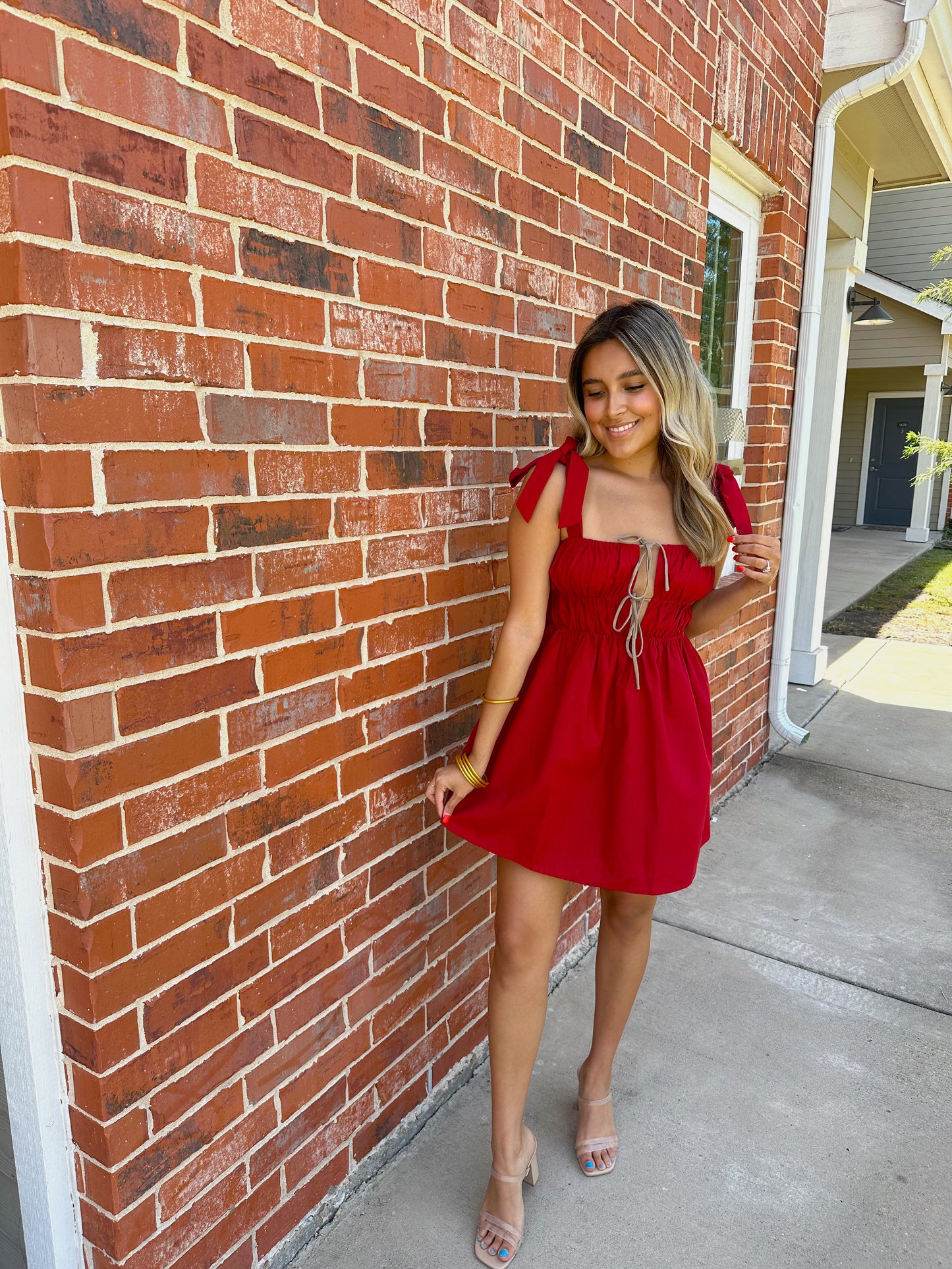 Linen Smocked Mini Dress - Red